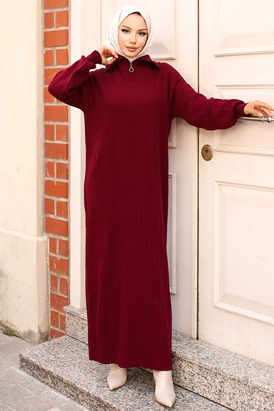 benguen 11032-11 Claret Red Ribbed Knitwear φόρεμα - με φερμουάρ στο λαιμό