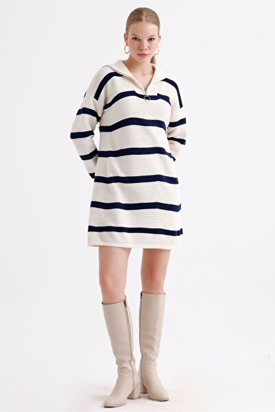 MD trend Μοτίβο Oversize ριγέ πλεκτό τουνίκ - Γυναικείο φόρεμα με φερμουάρ