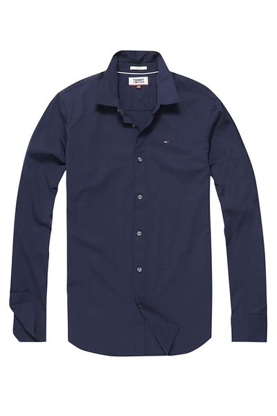 Tommy Hilfiger Men's Brand Logo Stretch Cotton Half-Lined Collar Stylish Looking Dark Blue Shirt Suitable for Daily Use