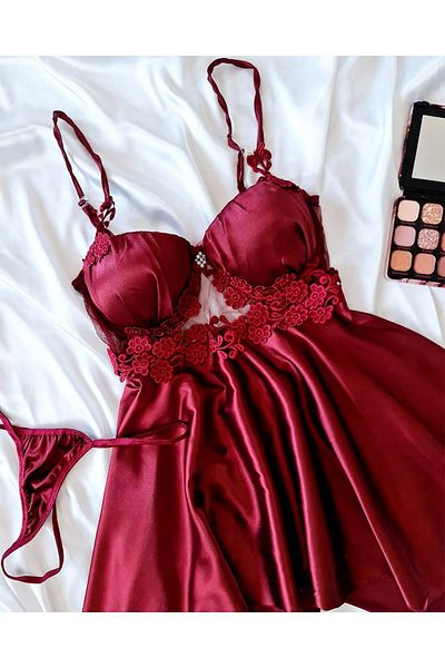 Çeyize dair herşey 6684 Set cămașă de noapte din dantelă din satin de mătase model Burgundy