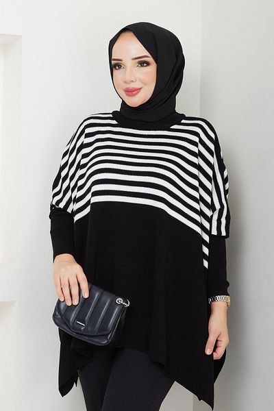 LE CARAMBOLE Μαύρο εκρού ριγέ Oversize Hijab Πουλόβερ - Γυναικείο
