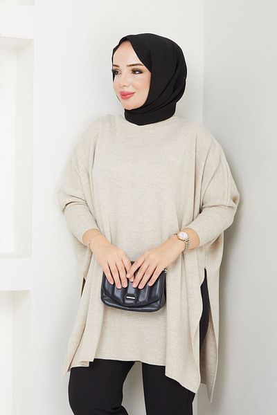 LE CARAMBOLE Μπεζ Hijab Knitwear Oversize Γυναικείο πουλόβερ με σκίσιμο