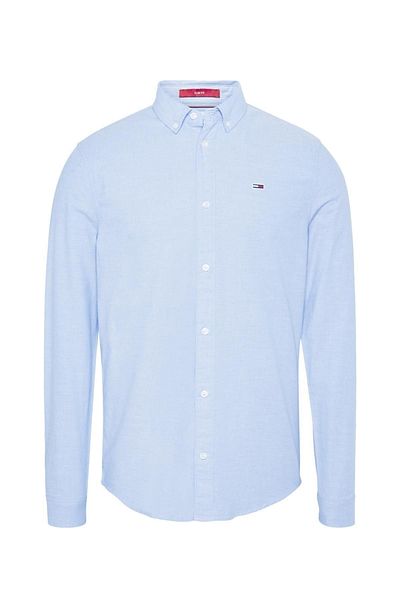 Tommy Hilfiger Men's Brand Logo Stretch Cotton Half-Lined Collar Stylish Looking Blue Shirt Suitable for Daily Use