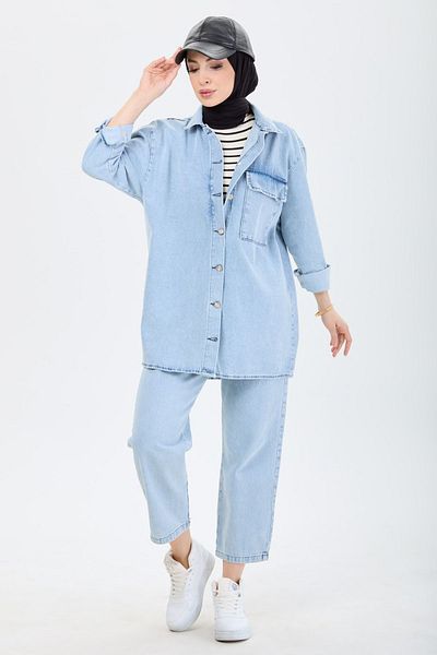 TOFİSA Women's Jeans Pocket Shirt and Mom Jeans Pants Bottom Top Set - 23671