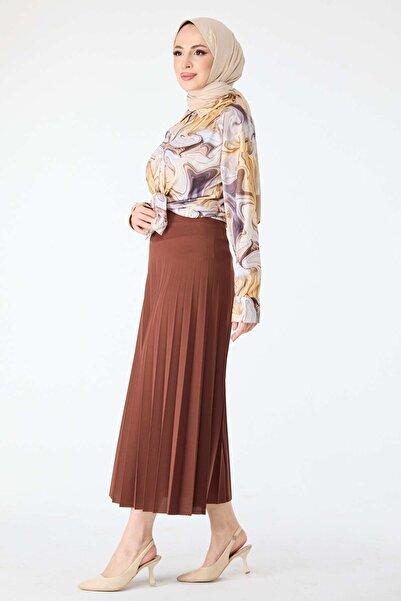 TOFİSA Brown Pleated Women's Skirt - Straight Medium 23035