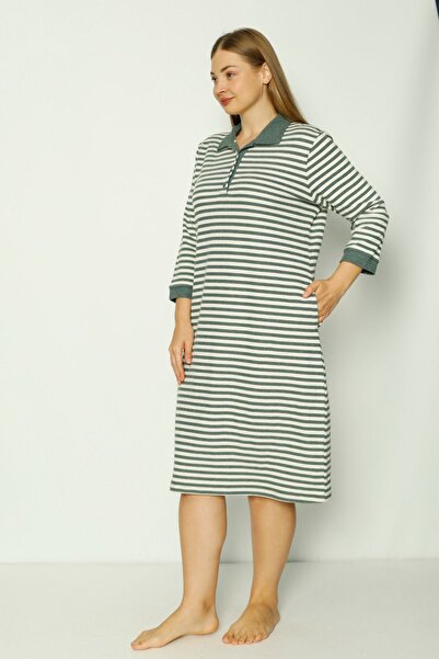 İntensive Γυναικείο φόρεμα με μοτίβο γραμμής με τσέπη με κουμπιά τριών τετάρτων μανίκι συν μέγεθος βαμβακερό ζακάρ φόρεμα