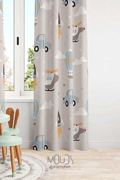 Moud's Car and Helicopter Patterned Suede Printed Extrafor Drawstring for Children's and Baby's Room - Single Wing