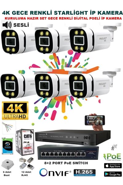 PROLİFE 6 Kameralı Sesli 4k 1440p Full Hd Poeli Ip Kamera Gece Renkli Ultra H...