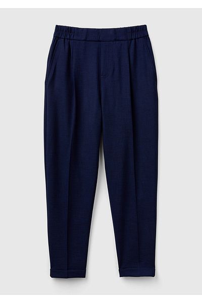 United Colors of Benetton Women's Navy Blue Viscose Blend Side and Back Gathered Curly Leg Trousers
