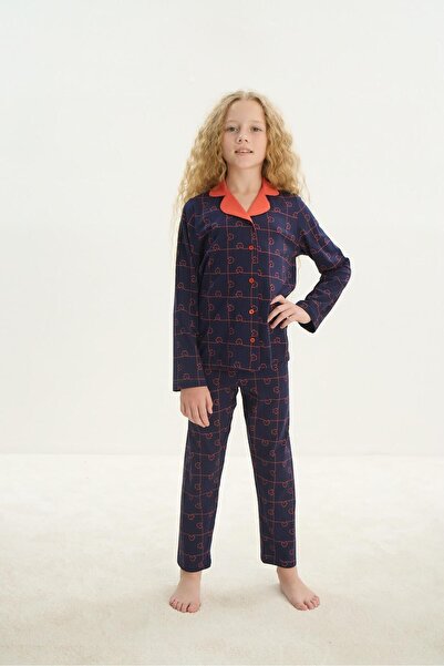 Sevim Kız Çocuk Uzun Kol Gömlek Yaka Önden Düğmeli Lacivert Pijama Takım C0T1N7O8