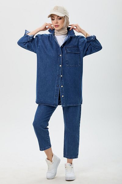 TOFİSA Women's Jeans Pocket Shirt and Mom Jeans Pants Bottom Top Set - 23671