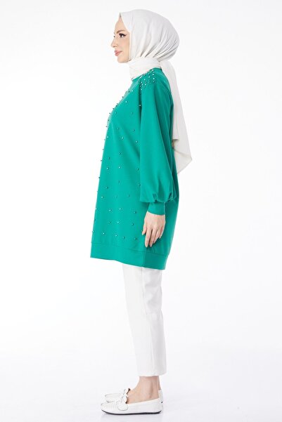 TOFİSA Green Balloon Sleeve Stone Detailed Women's Tunic - Plain Crew Neck - 24606