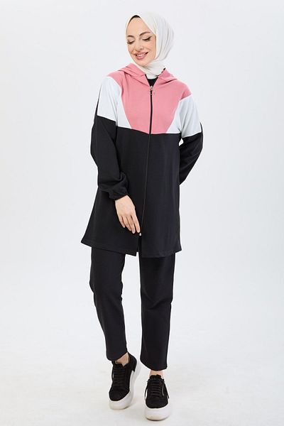 TOFİSA Pink Hooded Collar Women's Tunic Trousers - Straight Hoodie 13107