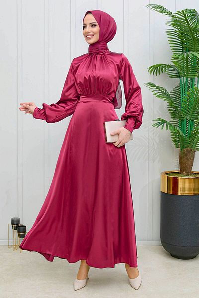 TOFİSA Flat Bicycle Collar Women's Burgundy Evening Dress - 11635