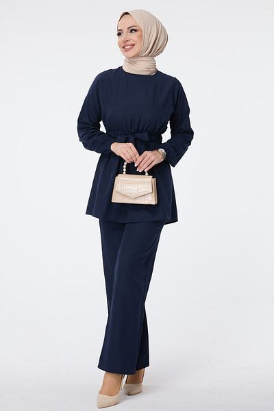 TOFİSA Navy Blue Women's Tunic-Pants Set Plain Crew Neck - 13058