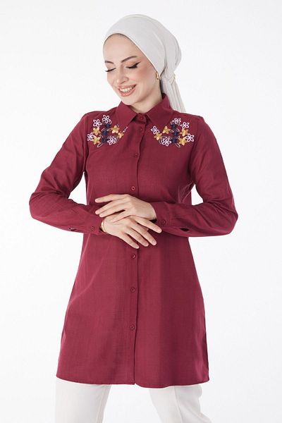 TOFİSA Flat Shirt Collar Women's Burgundy Embroidered Shirt - 13167