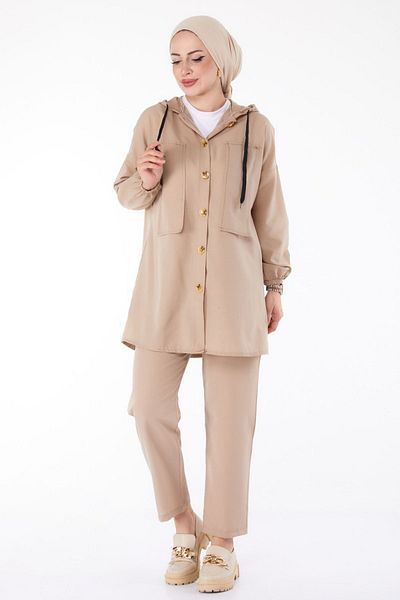 TOFİSA Women's Mink Tunic and Trousers Set - Plain Hooded Collar - 13020