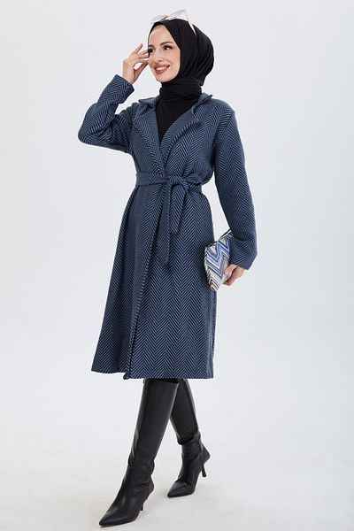 TOFİSA Women's Blue Trench Straight Jacket Collar - 13091