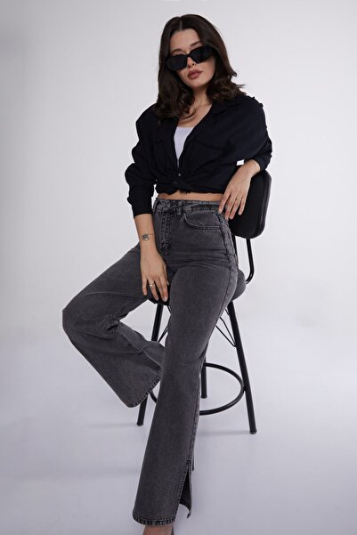 TOFİSA Straight Medium Women's Black Front Slit Jeans - 25089