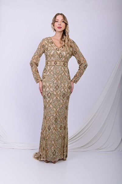 GATSBYLADY LONDON GOLDENCE - EL İŞLEMELİ , TAŞEL DETAYLI ELBİSE