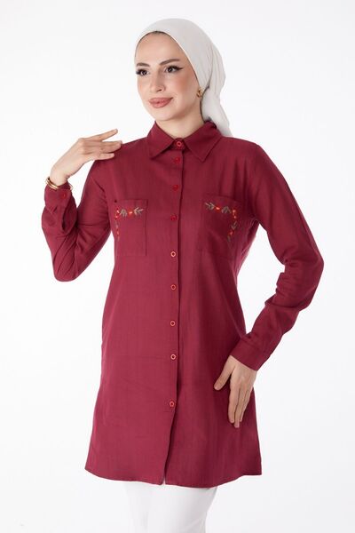 TOFİSA Claret Red Embroidered Tunic - Γιακάς Πουκάμισου, Λεπτομερής Κέντημα - 13170