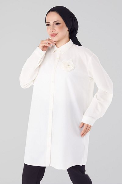 TOFİSA Ecru Rose Accessory Women's Tunic - Plain Shirt Collar - 25243