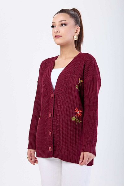 TOFİSA Claret Red Knitwear Women's Cardigan - Plain Jacket Collar - 23088