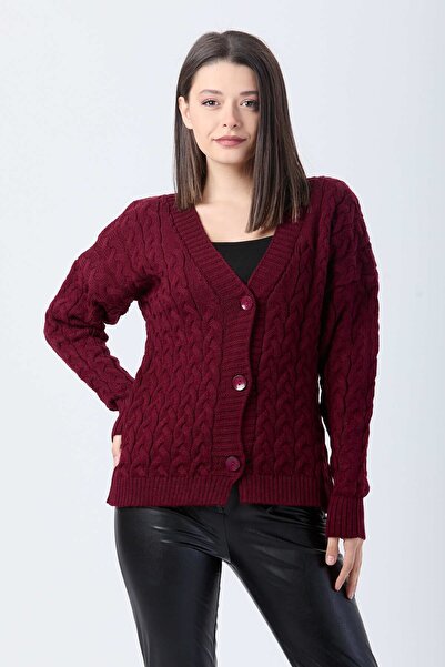 TOFİSA Бордовий трикотажний жіночий кардиган - Прямий комір - 24033