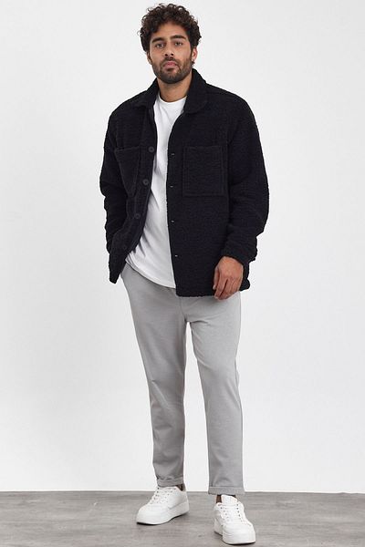 MADZEYMODA Новосезонно зимно мъжко черно плюшено поларено яке с подплата и копчета Mz86059