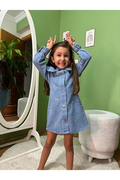 MOSVAY Girl's Flower Embroidery Embroidered Collar Detailed Denim Dress