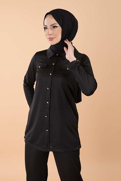 TOFİSA Schwarze Tunikahose für Damen mit geradem Hemdkragen - 13072