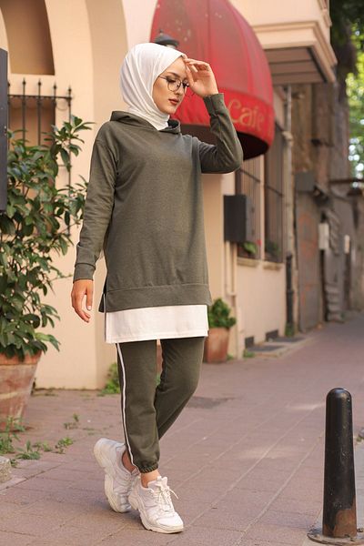 TOFİSA Khaki Women's Tunic Trousers Straight Hooded Collar - 8330