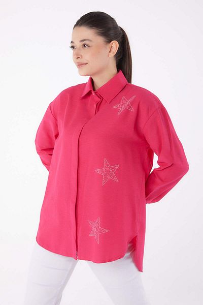 TOFİSA Fuchsia Star Stone Women's Shirt - Plain Shirt Collar - 13255