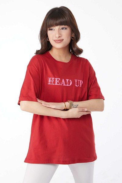 TOFİSA Plain Crew Neck Women's Red Printed T-shirt - 25176