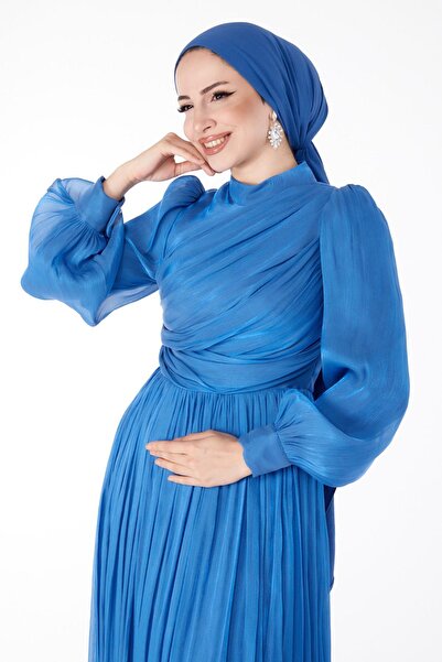 TOFİSA Γυναικείο βραδινό φόρεμα μπλε πλισέ ίσιο Chief Collar - 25577