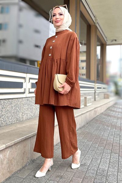 TOFİSA Women's Brown Tunic Trousers - Straight Crew Neck - 11629