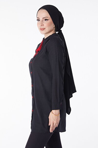 TOFİSA Flat Shirt Collar Women's Black Tassel Detailed Tunic - 13159