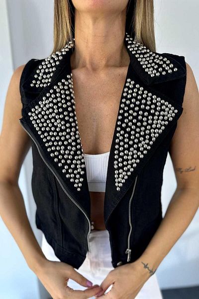 Lady Pixie Zippered Denim Women's Vest with Staple Detail on the Collar