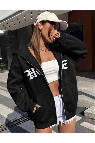 NO 601 Cardigan cu glugă Black Hope - Detaliu complet cu fermoar