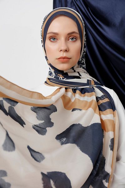 Saless Schaless Trio Panel Patterned Shawl - Navy 70X190Cm