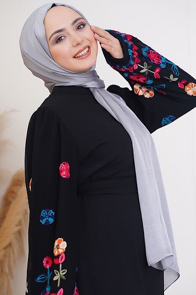 Octopus Evening Dress Janjan Shiny Satin Textured Hijab Evening Dress Chiffon Silver Gray Shawl