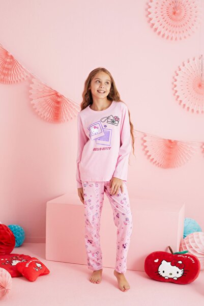 Siyah İnci Hello Kitty Lisanslı %100 Pamuk Pembe Çok Renkli Bisklet Yaka Pijama Takım HK210
