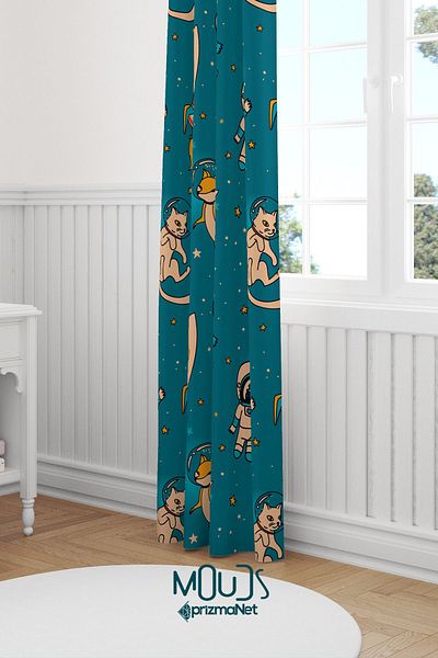 Moud's Space Fox Cat Patterned Suede Background Curtain - Children's and Baby's Room, Digital Printing Extra String - Single Wing