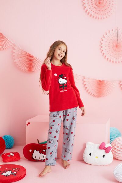Siyah İnci Hello Kitty Licensed Fleece Red Multicolor Embroidered Crew Neck Pajama Set Hk310