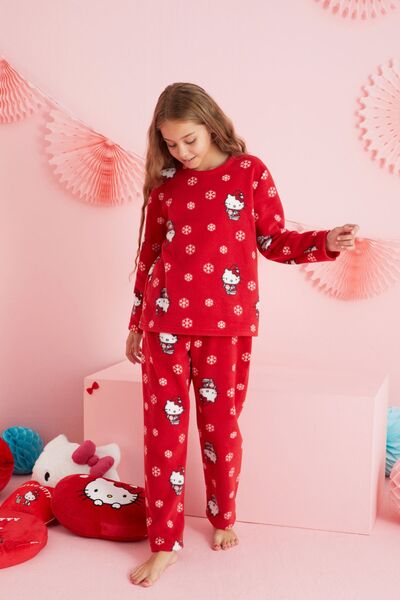 Siyah İnci Hello Kitty Lisanslı Polar Kırmızı Çok Renkli Bisklet Yaka Pijama Takım HK324