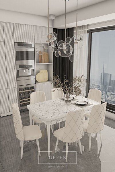 DEREN HOME AsteraSerisiAçılabilirMasa+6 Adet Krem silinebilir kumaş mermer de...