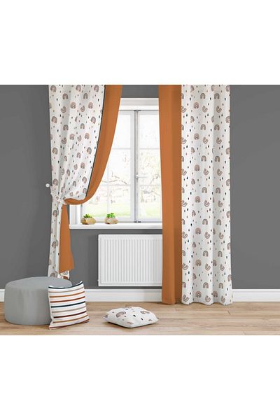 Lolla White Color Rainbow Patterned Background Curtain 1508