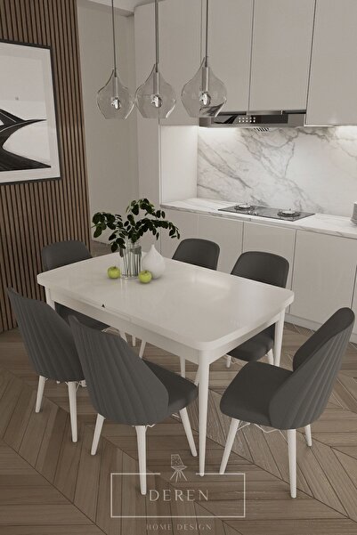 DEREN HOME Mabel Serisi, 80x132 Mutfak Ve Salon Yemek Masası Takımı 6 Adet An...