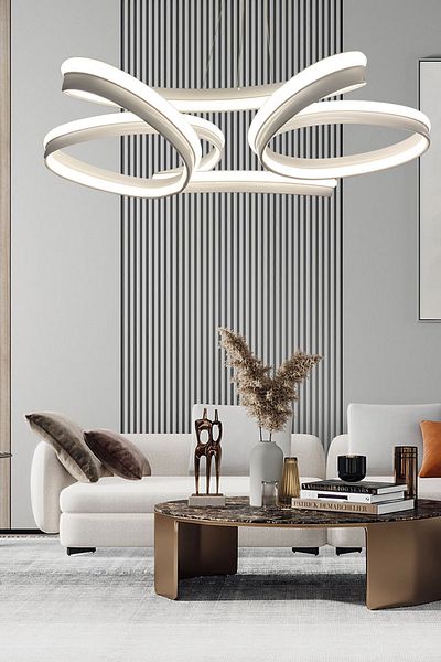 LEDMİ High Illuminated Thick Case Daisy Model White LED Chandelier, 3 Color Lighting, Living Room Chandelier