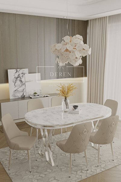 DEREN HOME Nil Serisi Lak Panel Beyaz Renk Masa 90x168 Krom Metal Ayak Masa T...